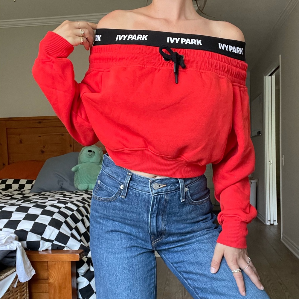 NWT - Ivy Park red off the shoulder cropped sweater - size S